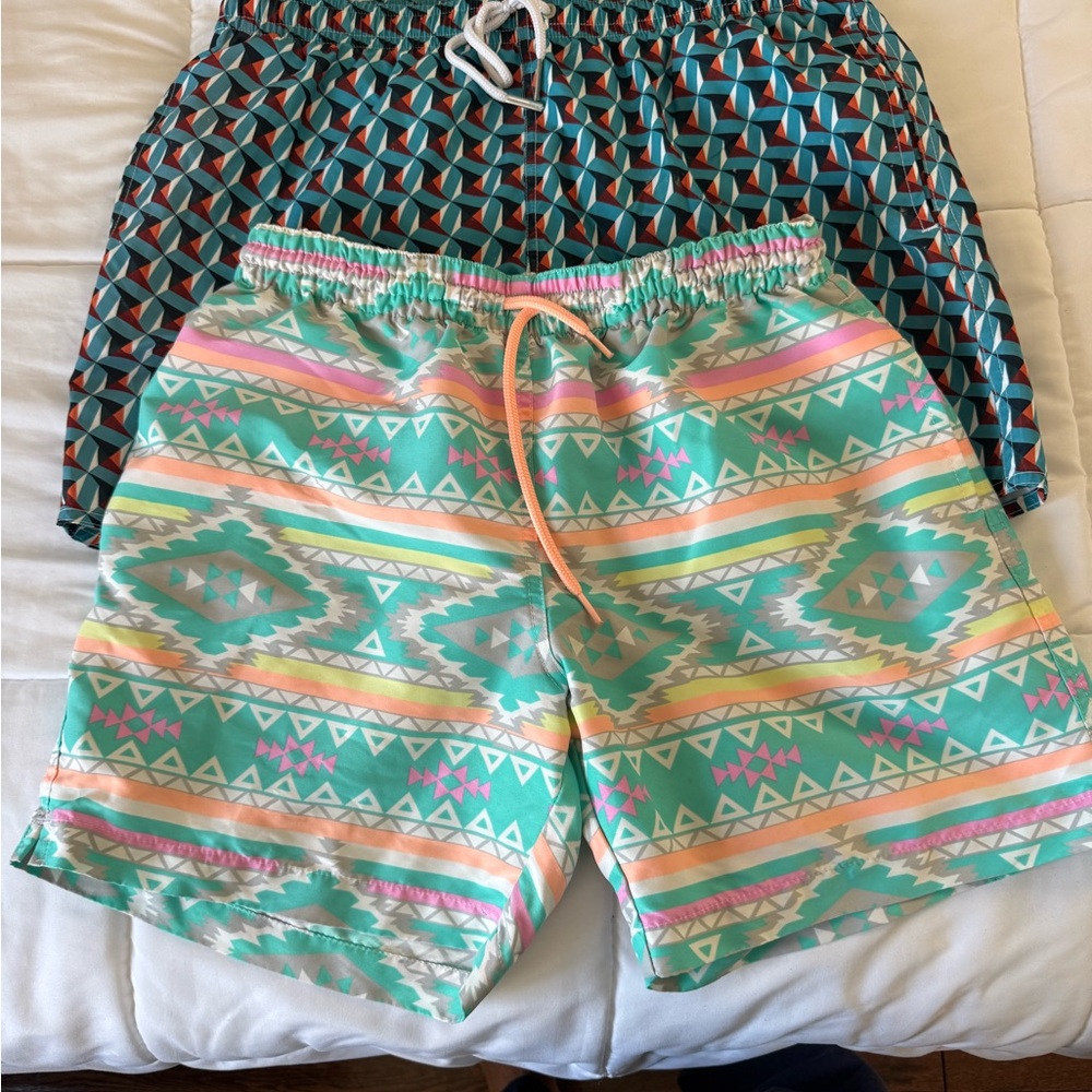 Pair of men’s swim suits Chubbies and Impetus geometric design. Both size M